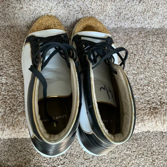 Louis Leeman Men's Leather White/Black with Gold Metal Front Trim